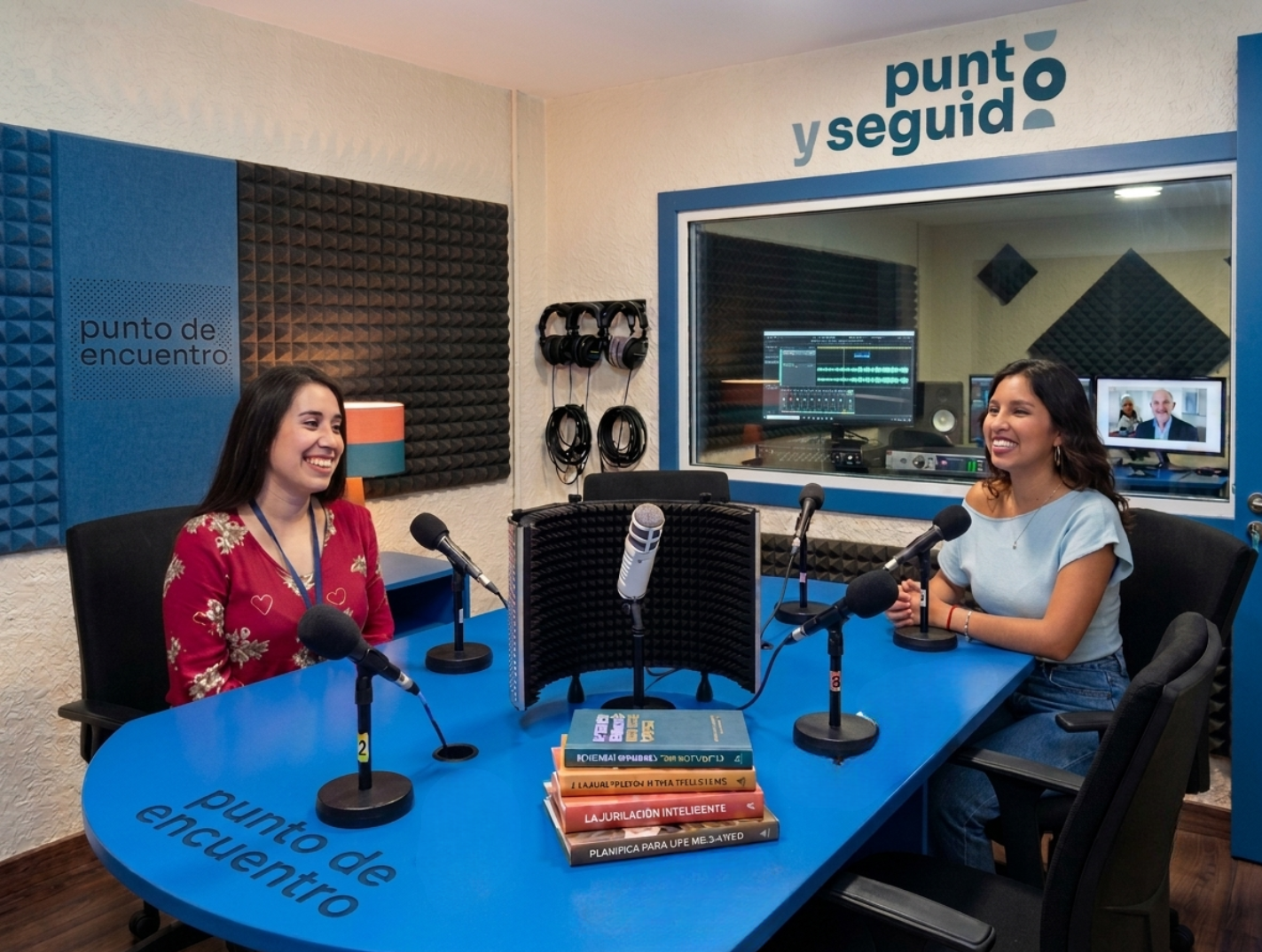 Plató del videopodcast Punto y Seguido con dos presentadoras en el set Punto de encuentro
